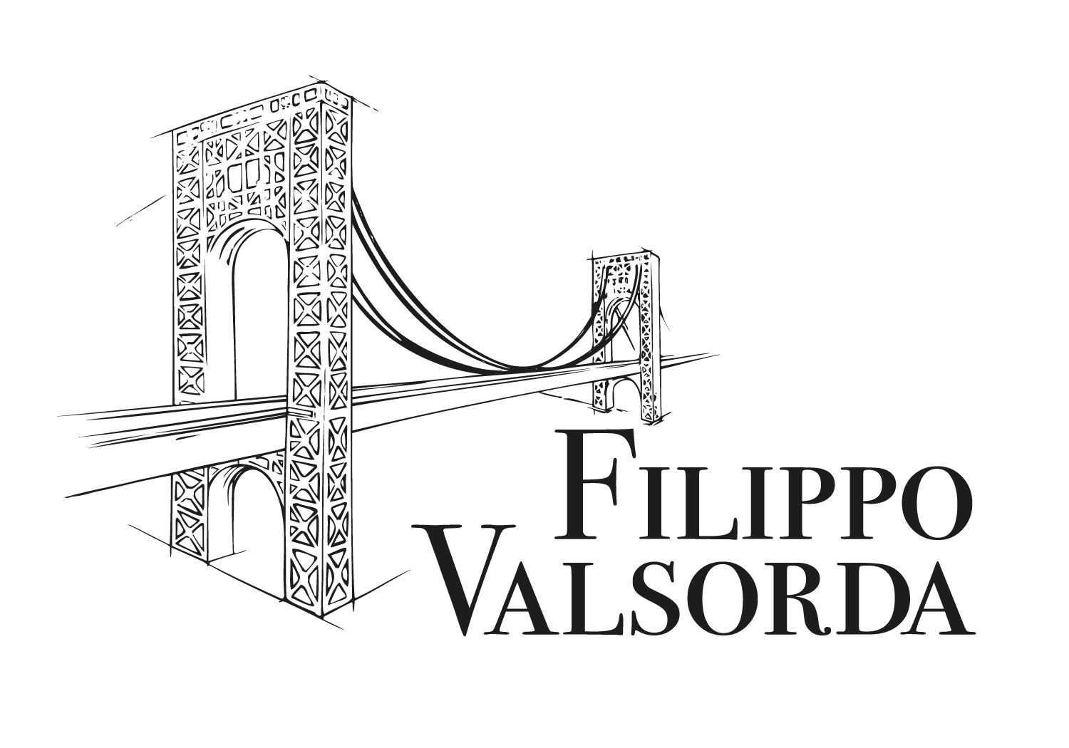The George Washington bridge in NYC, drawn stylized in black ink, with the name Filippo Valsorda